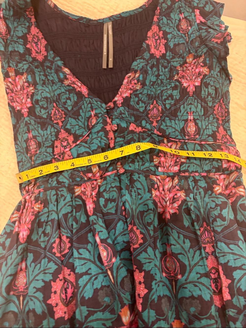 Anthropologie 100% Cotton Teal Maxi Dress with Pink Floral Print Size Small - Picture 8 of 9